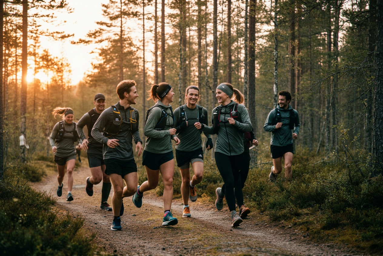 Runners together on a Scandinavian forest trail at golden hour